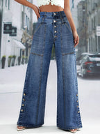 Women's Fashion Vintage Plus Size Wide Leg Jeans High Waist Button Fly Denim Trousers Pants Harajuku Pockets Autumn Jeans