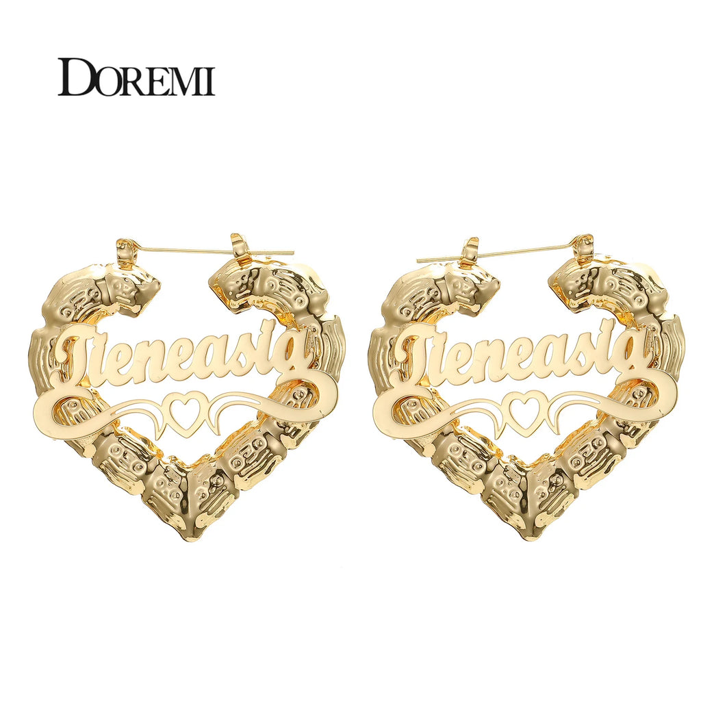 DOREMI 30-90mm Stainless Steel Bamboo Custom Heart Shape Earrings Customize Name Earrings Bamboo Style Custom Hoop Earrings Gift