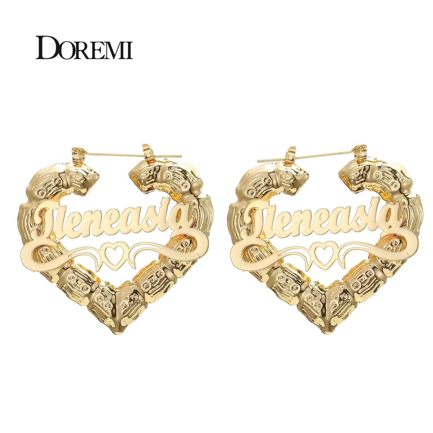 DOREMI 30-90mm Stainless Steel Bamboo Custom Heart Shape Earrings Customize Name Earrings Bamboo Style Custom Hoop Earrings Gift