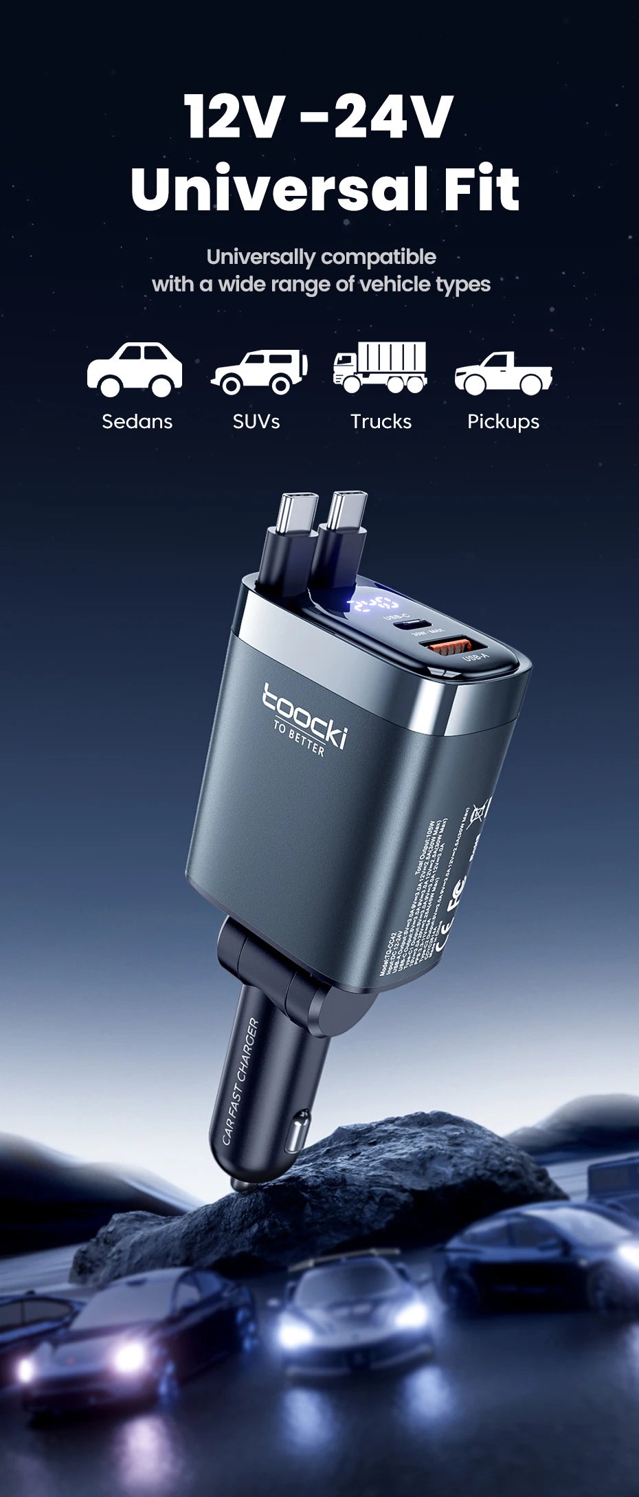 Toocki 105W Car Charger USB C Retractable Cable 0.75m PD 45W QC 3.0 SCP SFC2.0 PPS Fast Charging for iPhone 17 16 Samsung Tablet