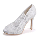 2025 New White Lace Wedding Shoes Fish Mouth High Heels Banquet Single Shoes Women