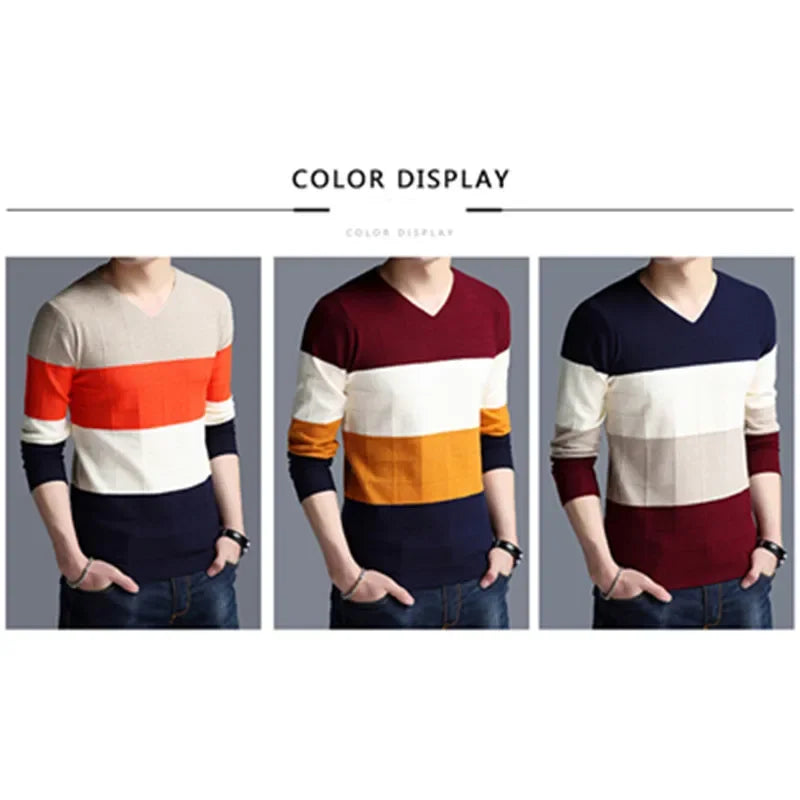 BROWON Brand-sweater Autumn Men's Long Sleeve Slim Sweaters New V-neck Fit Sweater Striped Bottom Sweaters Large Size M-4XL