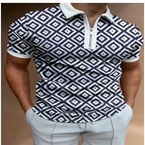 Geometric Colorblock 3D Print Polo Zipper Short Sleeve Shirt for Men