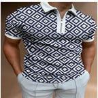 Geometric Colorblock 3D Print Polo Zipper Short Sleeve Shirt for Men