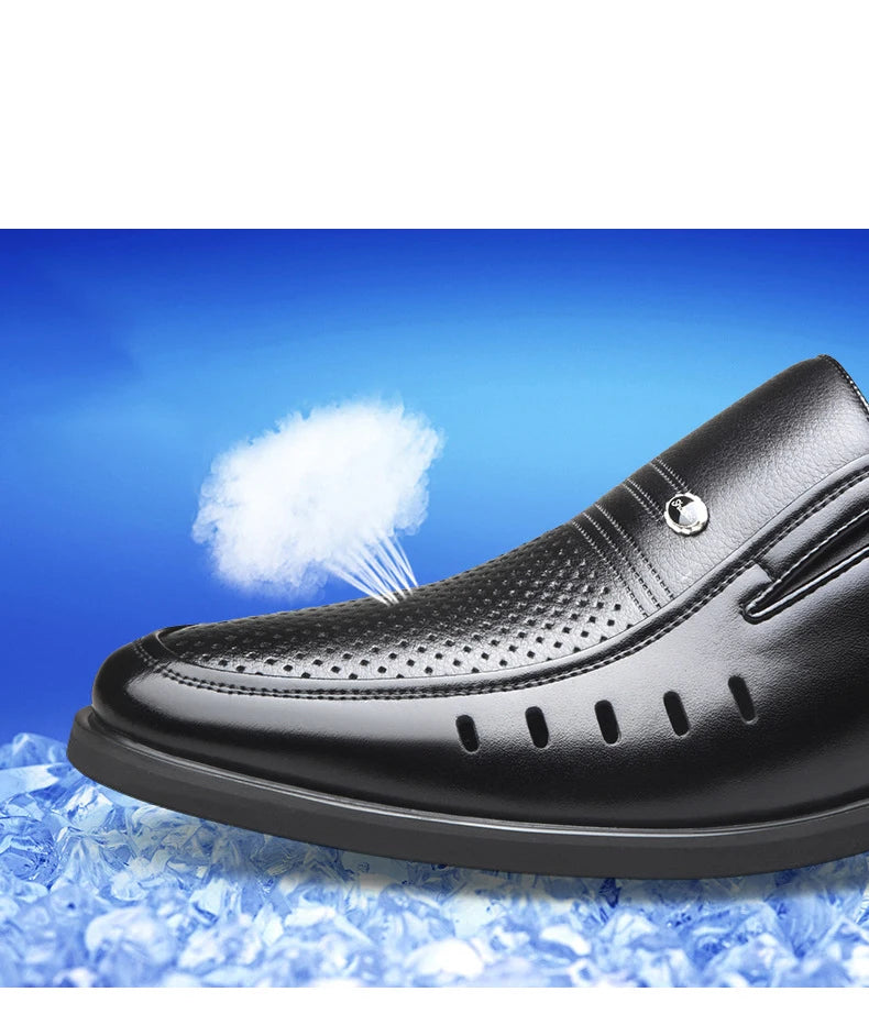 Men's Breathable Hollow Out Elevator Dress Leather Shoes Spring Summer 6cm Height Increase Business Slip-On Formal Office Shoes