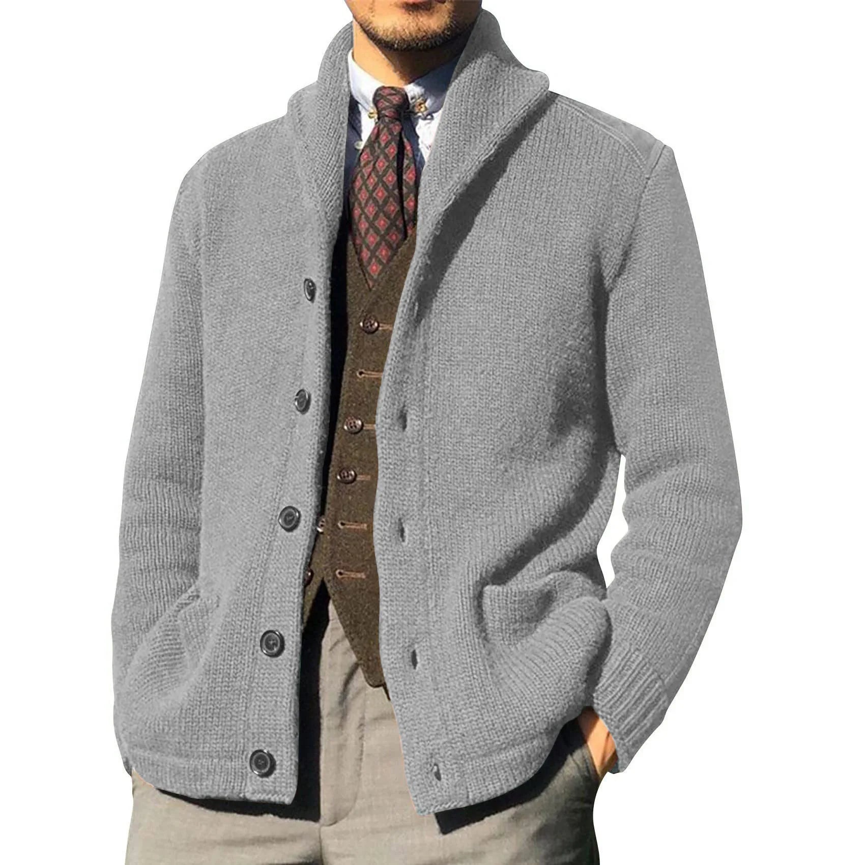 Casual Fashion Men's Lapel Pure Cardigan Solid Color Sweater in Autumn and Winter Warm Knitted Jacket