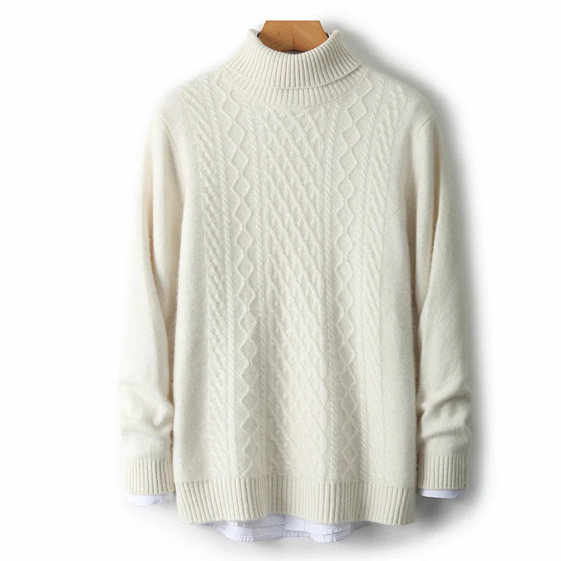 Fall/Winter 100% Wool Men's Turtleneck Thicken Sweater Jacquard Solid Cashmere Knitted Bottom Shirt