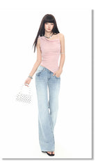 2026 New Ladies American Vintage Washed Micro Flare Denim Pants High Waist Slim Lazy Floor-Length Retro Street Long Jeans
