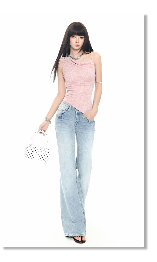 2026 New Ladies American Vintage Washed Micro Flare Denim Pants High Waist Slim Lazy Floor-Length Retro Street Long Jeans