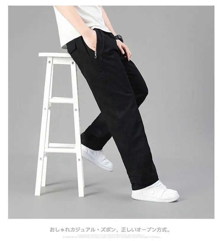 Mens Cotton Pants Spring Summer Sports Casual Pants Cargo Trousers Loose Fit with Zipper Pockets Big Size 5XL