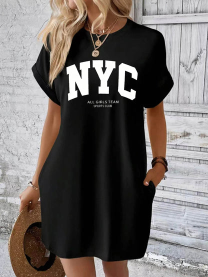 Women Slouchy Casual Sporty Short Sleeve Tee Dress, Slimming Versatile Midi Length Sleep Nightgown with Pockets