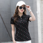 Women's Summer Cotton Shirt - Slim Fit Foldable Flip Collar Short Sleeve Printed Casual Top Trendy Button Design Fashion