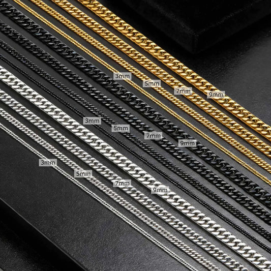 Punk Classic 3/5/7/9mm Width Cuban Chain Stainless Steel Necklace for Men Male Hip Hop Jewelry Accessories 50cm 55cm 60cm 70cm