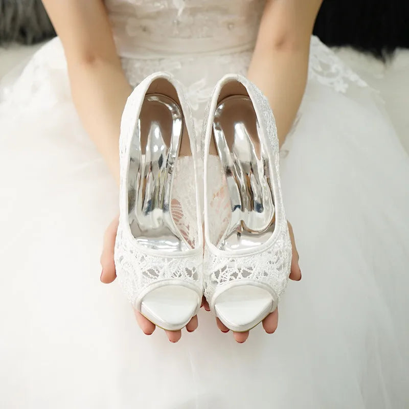 2025 New White Lace Wedding Shoes Fish Mouth High Heels Banquet Single Shoes Women