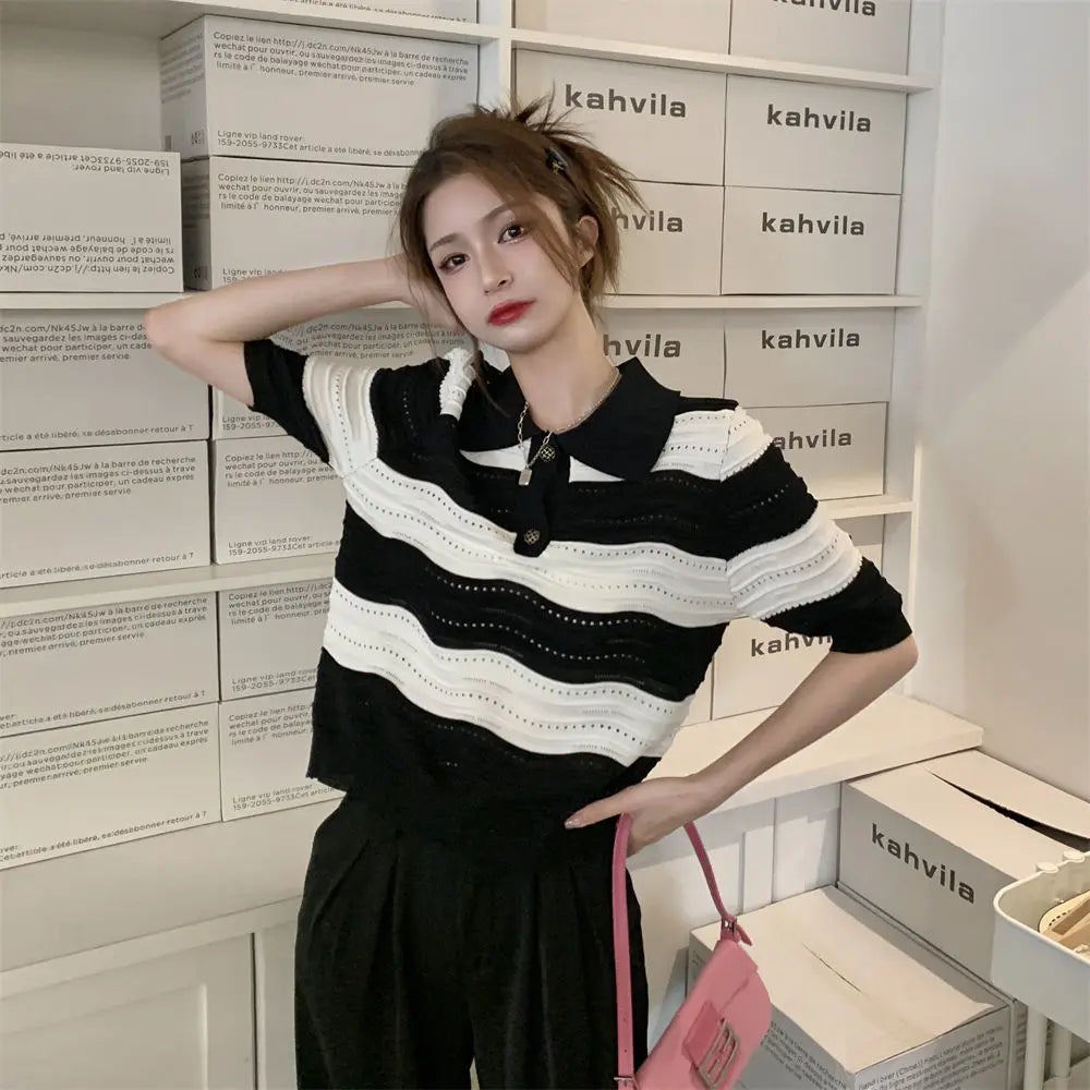 POLO Hollow Out Breathable Short Sleeve T Shirt Knit Striped Crop Top Aesthetic Clothing Summer Blouses For Women