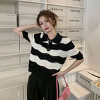 POLO Hollow Out Breathable Short Sleeve T Shirt Knit Striped Crop Top Aesthetic Clothing Summer Blouses For Women