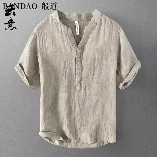Chinese Style Spring and Summer Loose High-end Men's Linen Short-sleeved Cotton Linen Casual Breathable Shirt Collar T-shirt