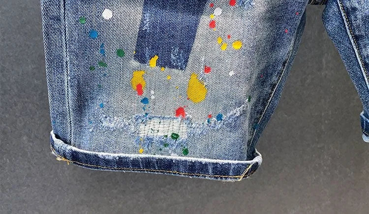 2025 Summer New Fashion Trend Printed Ripped Straight Stretch Jeans Men's Casual Loose Sports High Quality Denim Shorts 28-36