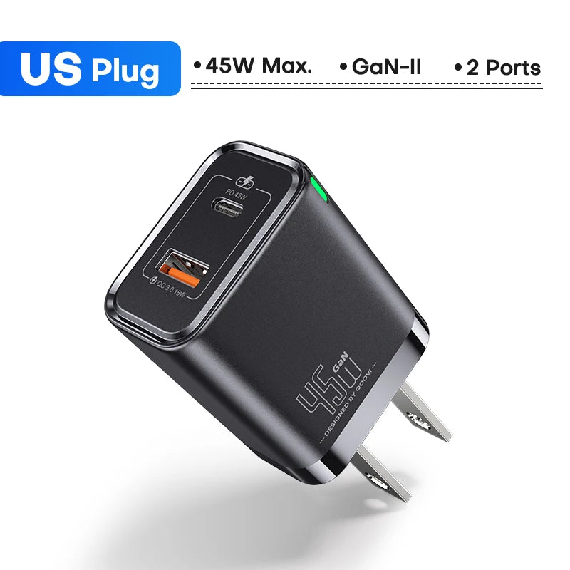 QOOVI GaN 45W USB Charger Fast Charging USB Type C Wall Charger PD QC3.0 Quick Charge For iPhone Samsung S23 S21 Laptop Tablet