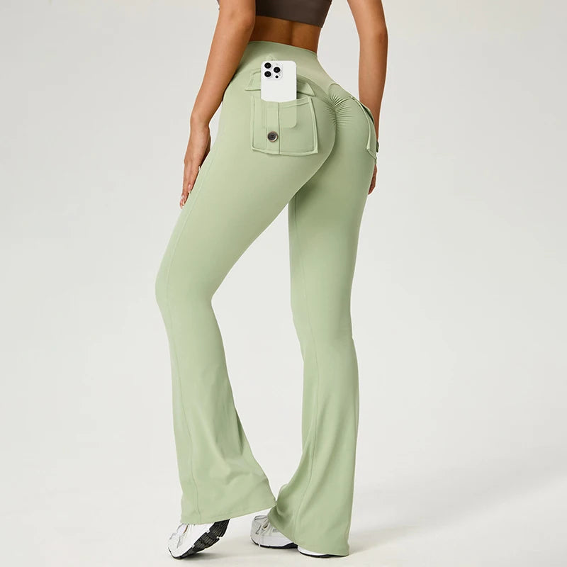 TRY TO BN Yoga Pants Pocket Back Flare Leggings Sports Fitness High Waisted Scrunch Leggings Workout Trousers Gym Woman Clothing