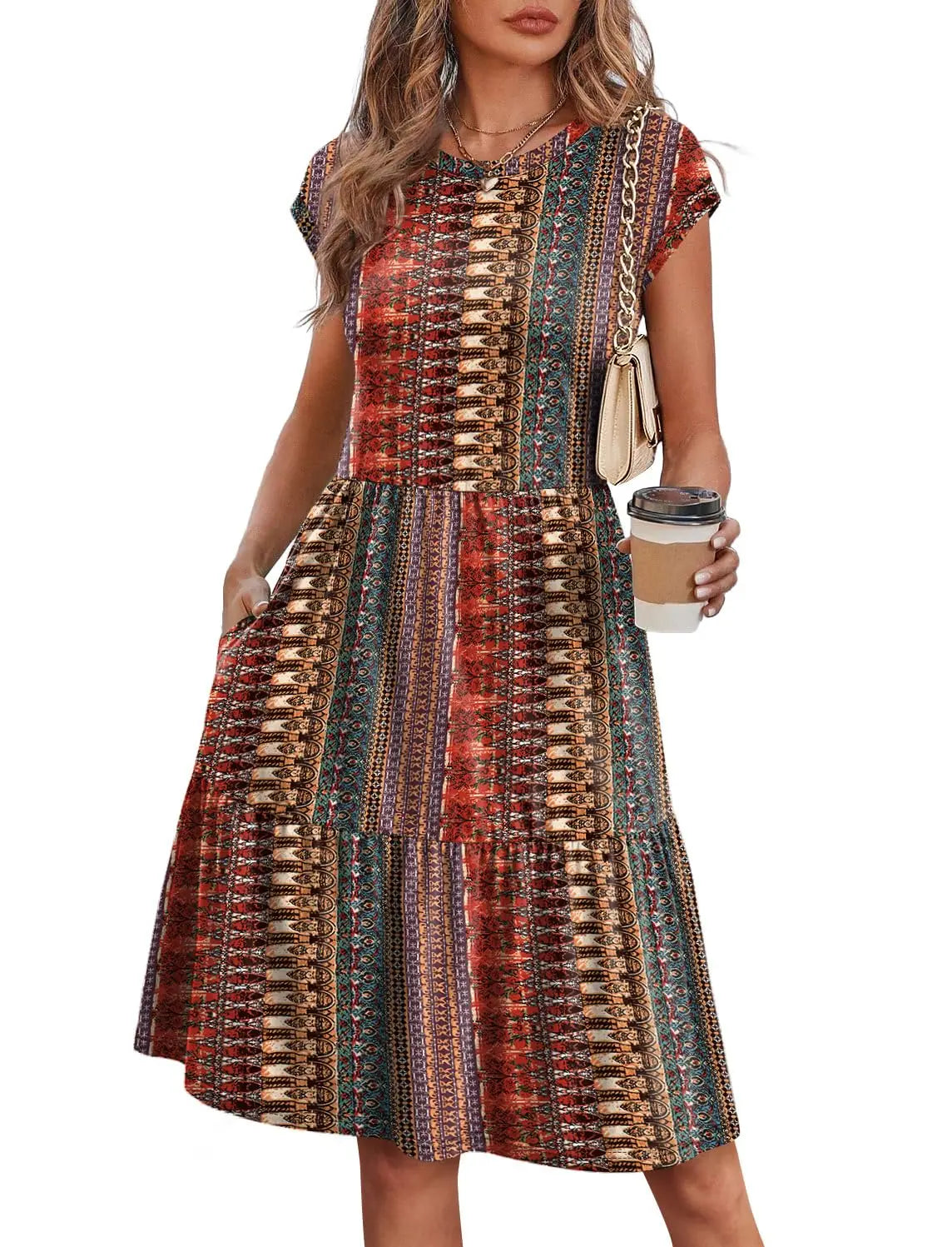 Women Cap Sleeve Casual Tiered Swing Dress Floral Print Summer Beach Vacation Dress