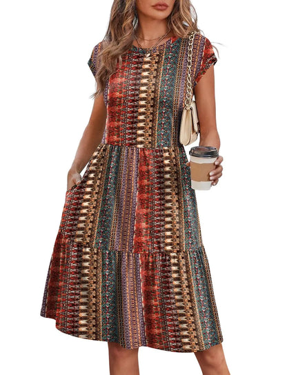 Women Cap Sleeve Casual Tiered Swing Dress Floral Print Summer Beach Vacation Dress