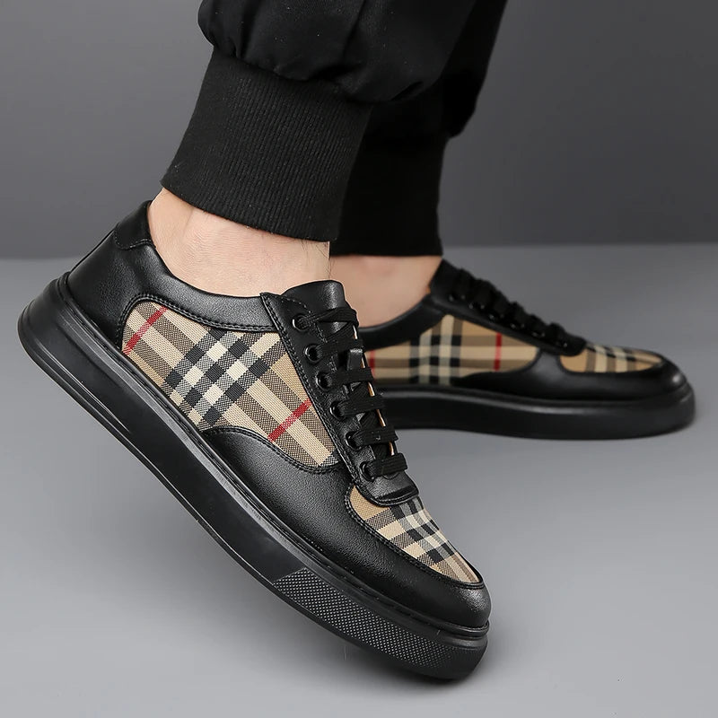 Men Classic Checkered Patchwork Thick Soled Casual Board Shoes Shock-absorbing Breathable Fashionable Commuting Street Shoes