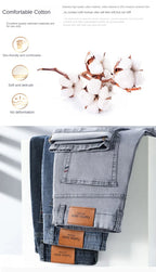2026 Brand Thin or Thick Material Straight Cotton Stretch Denim Men's  Business Casual High Waist Light Grey Blue Jeans