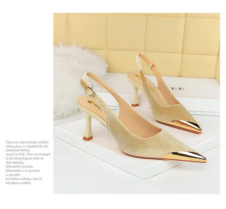 Elegant Women Green High Heel Velvet Pumps Wedding Party Slingback Sandals Metal Pointed Toe Hollow Buckle Wine Red Shoes