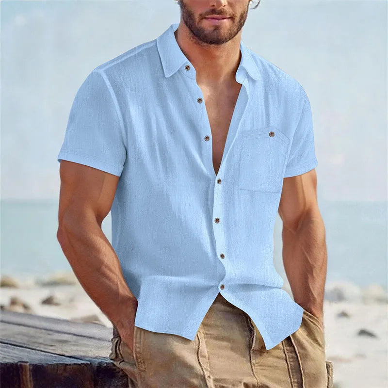 Men's Linen Blend Short Sleeve Button Down Shirt Casual Beach Top with Chest Pocket Breathable Lightweight Summer Shirts for Men