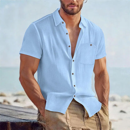 Men's Linen Blend Short Sleeve Button Down Shirt Casual Beach Top with Chest Pocket Breathable Lightweight Summer Shirts for Men
