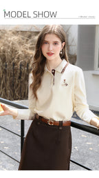 I BELIEVE YOU Polo Neck Long Sleeved T-shirt for Women Autumn 2025 Apricot Casual Tees Contrast Color Embroidery Top 2253016181