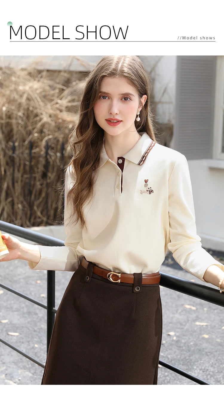 I BELIEVE YOU Polo Neck Long Sleeved T-shirt for Women Autumn 2025 Apricot Casual Tees Contrast Color Embroidery Top 2253016181