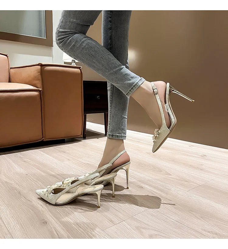 French Bride Gold Wedding Shoes spring women Thin Heel Pointed Shallow Mouth Flower Rhinodrill High Heels  Fashion Sandals