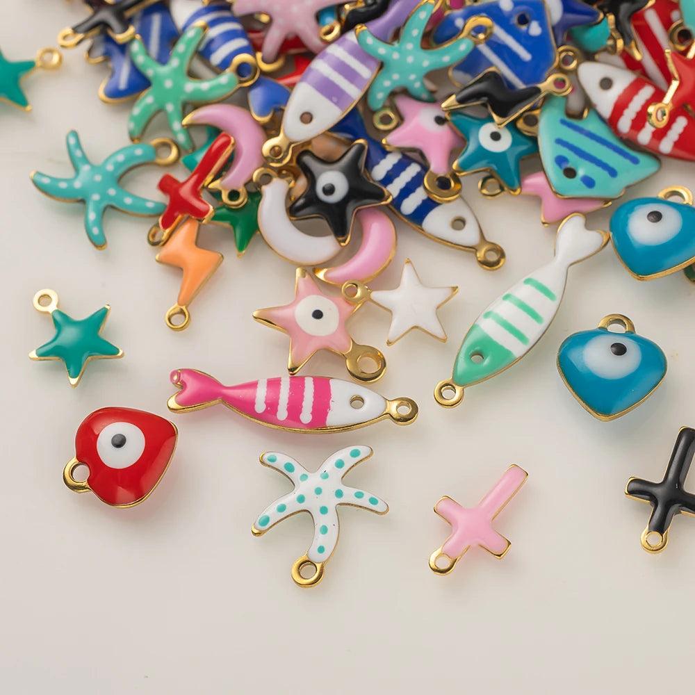 20pcs Stainless Steel Enamel Charms Mixed Moon Star Cross Fish Animal Charm Pendant DIY for Necklace Bracelet Jewelry Making