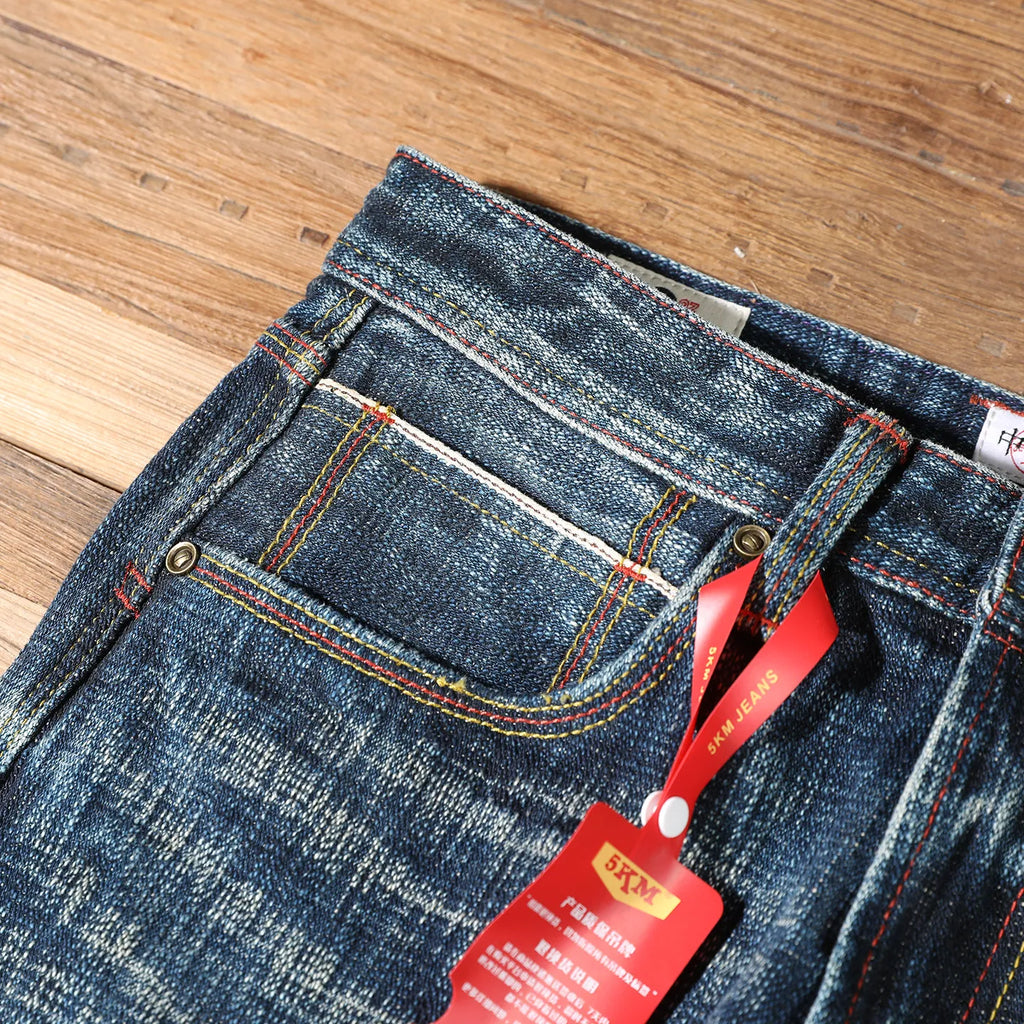 22oz Heavyweight 100% Cotton Washed Men's Selvedge Denim Jeans Taiwan Hand-spun Yarn Plant-dyed Standard Straight Fit Pants 5KM
