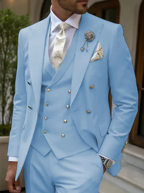 Men's 3-Piece Tuxedo Suit Set High-Quality GoldenButton Blazer Vest And Pants Wedding Business Gentleman's Suit