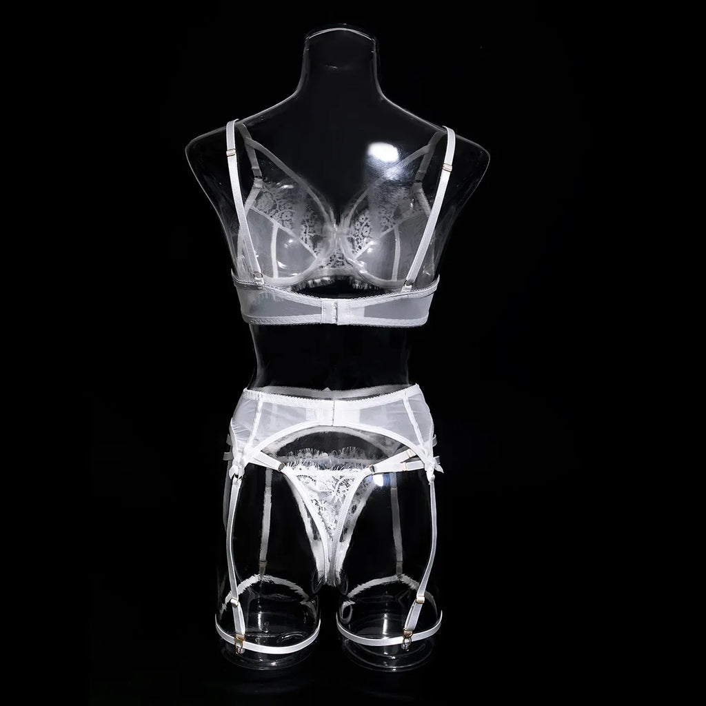 Tornova 4 Piece Sexy Lingerie Set for Women Mesh and Lace Sexy Perspective Push-up Solid Color Lace Hollow Out Underwear Set New