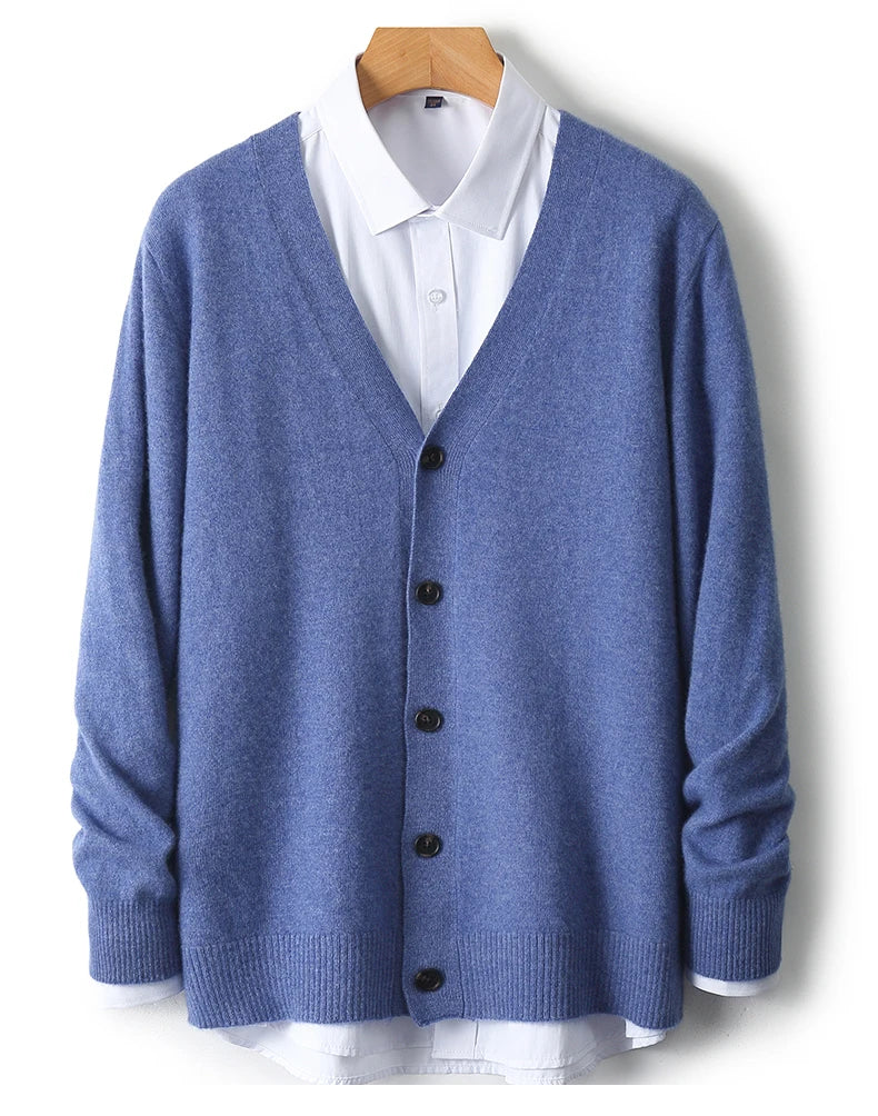 100% Pure Wool Sweater Autumn Winter New Men's Cardigan V-Neck Buckle Jacket Loose Casual Cashmere Knitted Sweater Long Sleeveds