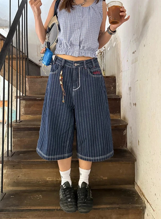 Harajuku Y2k Women's Light Blue Calf Length Cargo Jeans Baggy Denim Trousers Japanese 2000s Oversize Jean Pants Vintage Clothes