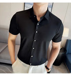 Men's White Business Casual Shirt, Fitted Striped Elastic Short-sleeved Shirt, Exquisite Embroidered Summer Formal Work Uniform.