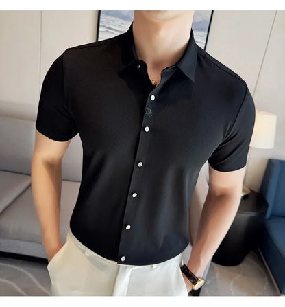 Men's White Business Casual Shirt, Fitted Striped Elastic Short-sleeved Shirt, Exquisite Embroidered Summer Formal Work Uniform.