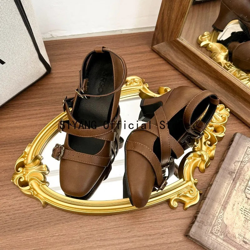 Sweet Lolita Cross Buckle Strap Women Mary Jane Shoes Fashion Multi Metal Buckle Shoes Retro Wedding Party Dress Ladies Pumps