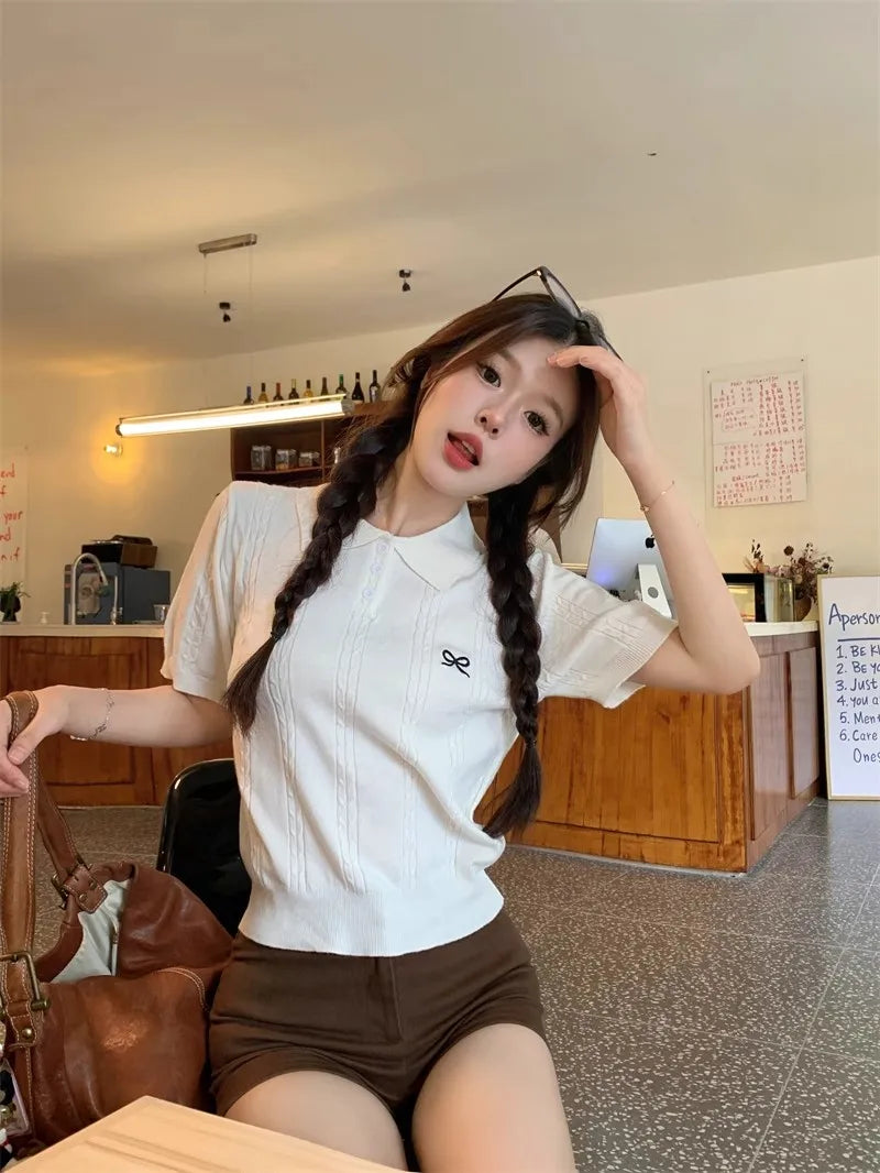 AOSSVIAO 2026 Summer New Korean Fashion Slim Polo shirt Knitted Short Sleeve T-shirt Sweet Bow Embroidered Knitted  Women Tops