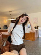 AOSSVIAO 2026 Summer New Korean Fashion Slim Polo shirt Knitted Short Sleeve T-shirt Sweet Bow Embroidered Knitted  Women Tops