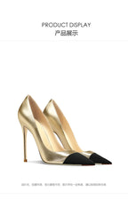 Golden high heels for women, new style, with pointed, slender heels,small fragrant style,color blocking, sexy banquet high heels