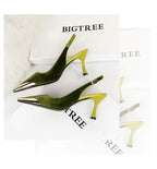 Elegant Women Green High Heel Velvet Pumps Wedding Party Slingback Sandals Metal Pointed Toe Hollow Buckle Wine Red Shoes