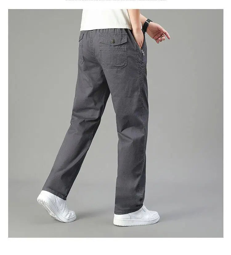 Mens Cotton Pants Spring Summer Sports Casual Pants Cargo Trousers Loose Fit with Zipper Pockets Big Size 5XL