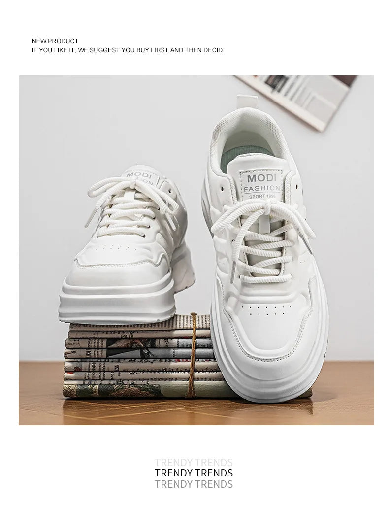 2026 Summer Men's White Platform Sneakers Leather Casual Shoes Thick Sole Streetwear Trendy Footwear