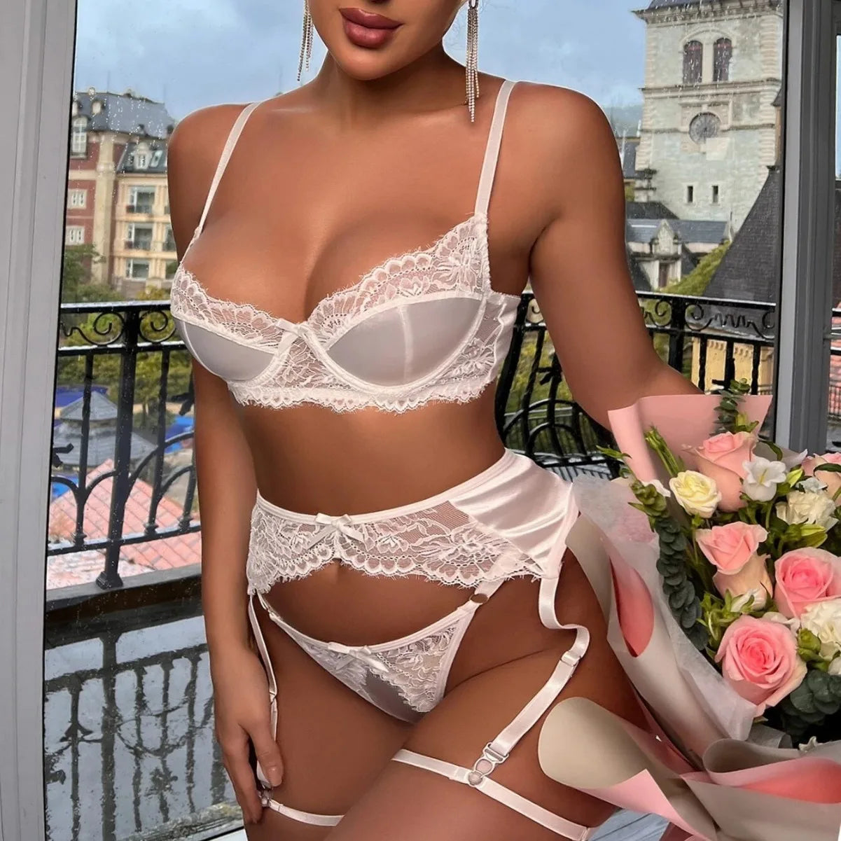 Ellolace Elegant Women's Lingerie Sets Gorgeous Satin Patchwork Bra 5PC Pure White Wedding Soft Intimate Sexy Girls' Underwear